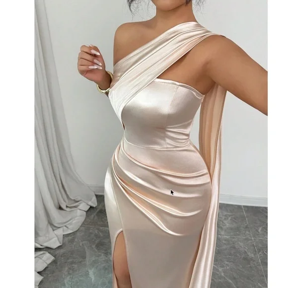 Luxe Satin One Shoulder Ruched Split Thigh Fitted Drape Party Floral Evening Wed - Picture 2 of 6